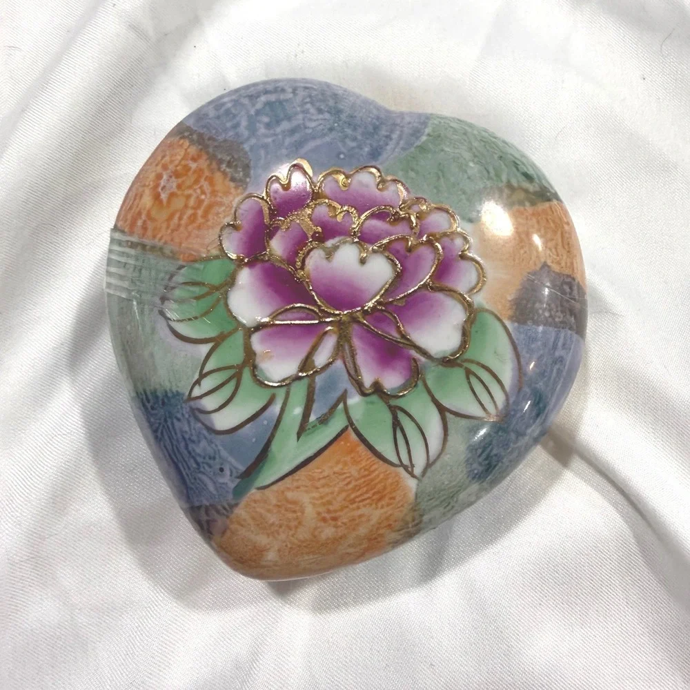 Vintage Lusterware‎ Trinket Box Heart Lidded Hand Painted Floral Moriage Japan